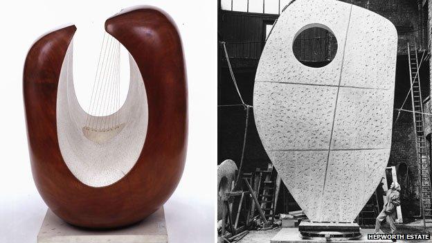 Left: Curved Form (Delphi) (1955) Right: Barbara Hepworth with the plaster of Single Form in London in May 1963