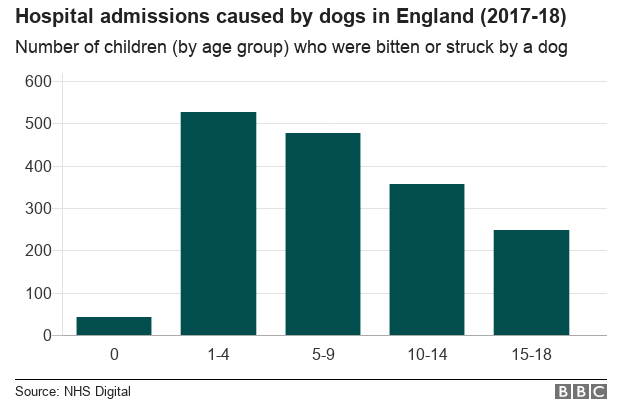 Chart showing number of children admitted to hospital after being bitten or struck by a dog (2017-18)