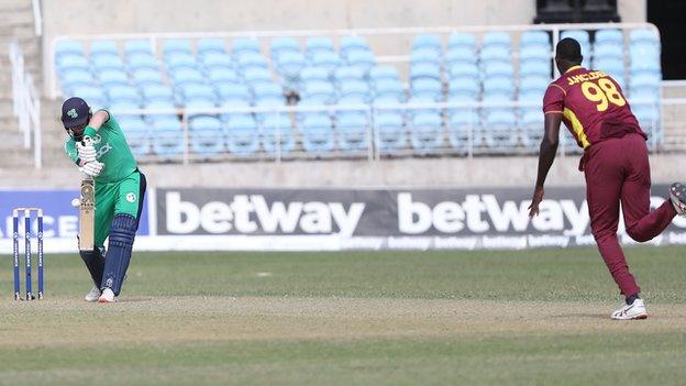 Andrew Balbirnie plays a shot in Saturday's opener against West Indies in Jamaica