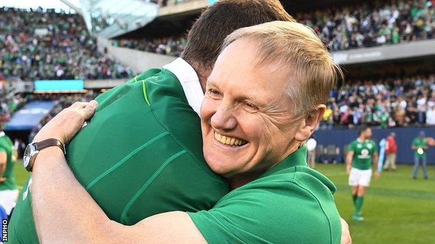 Ireland coach Joe Schmidt celebrates with Donnacha Ryan after the 40-29 victory over New Zealand in Chicago