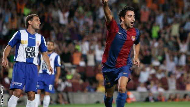 Xavi celebrates after scoring against Espanyol during a Supercup, 2nd leg, match at the Camp Nou stadium on August 20, 2006