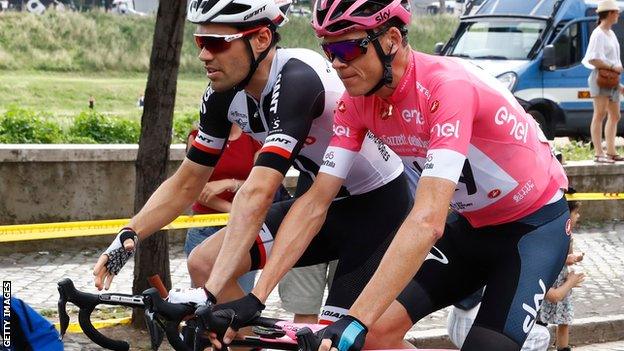 Britain's Christopher Froome rides with Netherlands' Tom Dumoulin during the 21st and last stage of the 101st Giro d'Italia