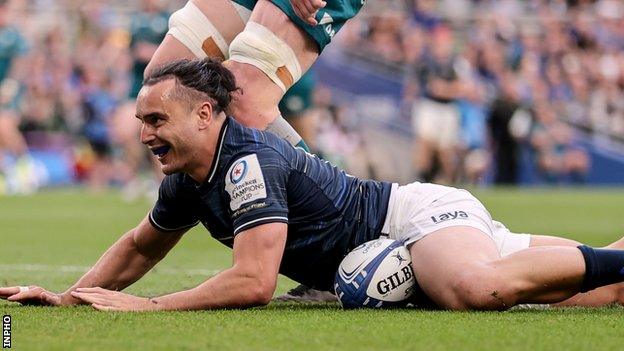 James Lowe crosses for one of his three tries against Connacht