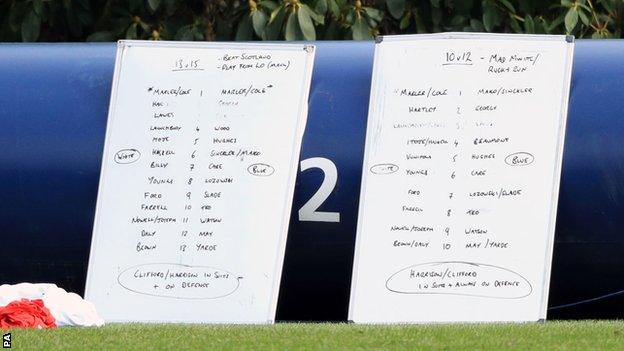 Two whiteboards positioned at the side of the pitch at Pennyhill Park appeared to show England's starting XV to face Scotland with Billy Vunipola pencilled in at number eight in place of Nathan Hughes