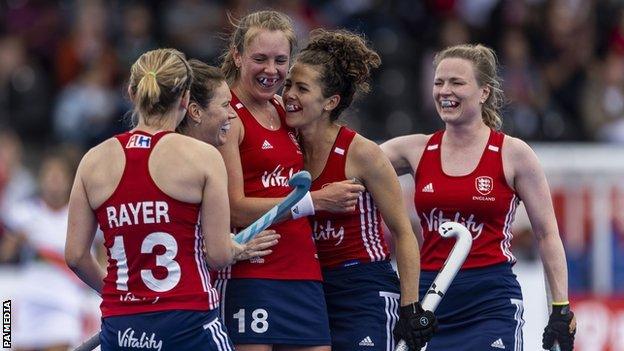 England's players celebrate Giselle Ansley's goal