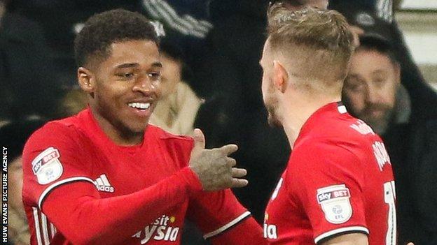 Kadeem Harris (left) celebrates his equaliser with fellow Cardiff goalscorer Craig Noone