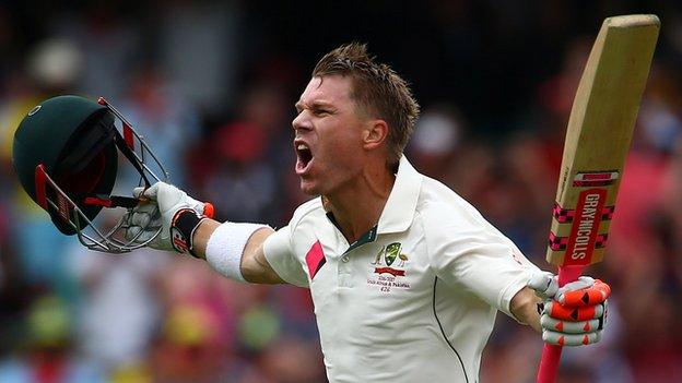 David Warner celebrates his century in Sydney