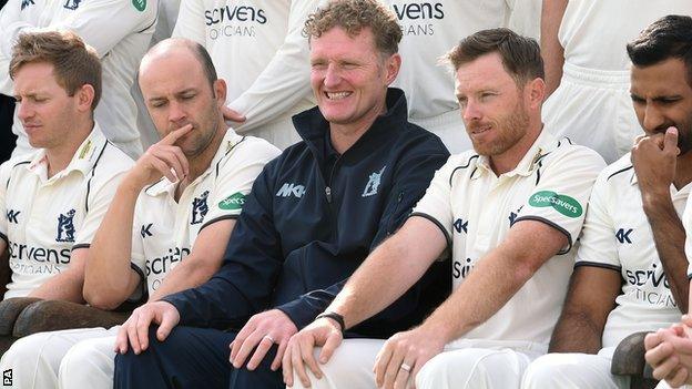 Coach Dougie Brown and skipper Ian Bell are not short of experience in the dressing room at Edgbaston, with two other former captains on the staff, Ian Westwood (left) and Varun Chopra (right), as well as former England batsman Jonathan Trott