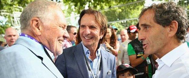 Former F1 world champions Emerson Fittipald and Alain Prost with ex-Williams designer Patrick Head