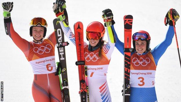 Ragnhild Mowinckel, Mikaela Shiffrin and Federica Brignone