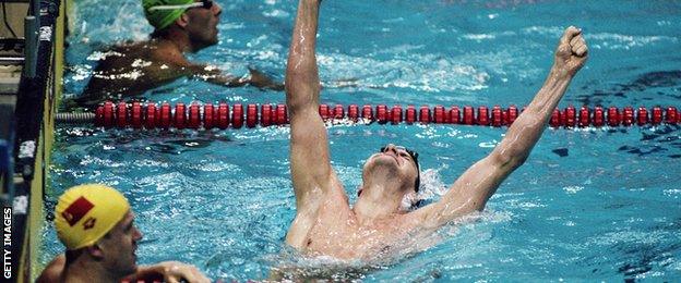 Adrian Moorhouse celebrates winning the breaststroke gold at the Seoul Olympics