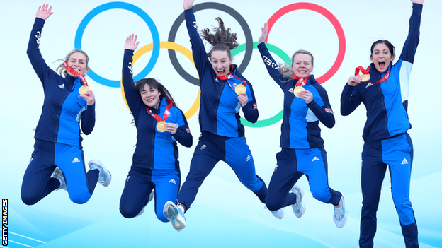 Eve Muirhead and her rink jump for joy after winning Winter Olympic gold