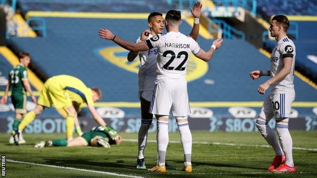 Leeds players celebrate Phil Jagielka's own goal