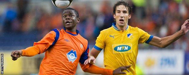 Leke James (left) in action for Aalesunds against APOEL in the Europa League