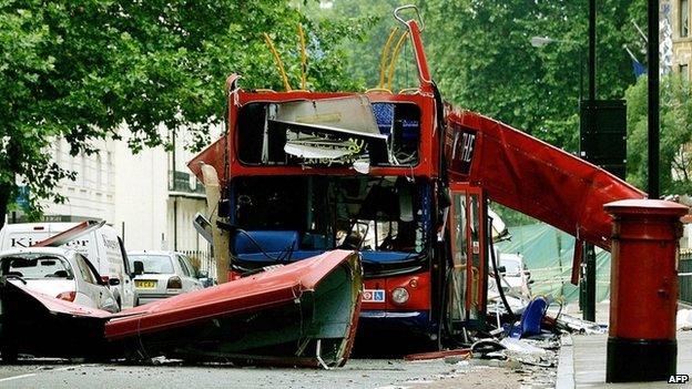 The wreck of the Number 30 double-decker bus is pictured in Tavistock Square after the 7/7 London bombings