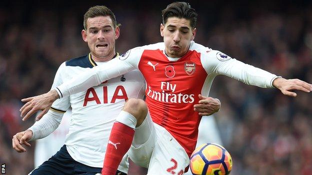 Arsenal right-back Hector Bellerin in action against Tottenham striker Vincent Janssen