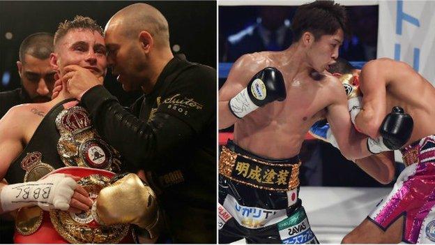 These are pictures of Burnett with the WBA bantamweight belt in March and the highly-rated Naoya Inoue in action