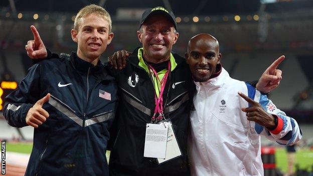 Galen Rupp (left), Alberto Salazar (centre) and Mo Farah