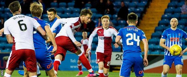 Joe Garner has a header for Rangers against Kilmarnock