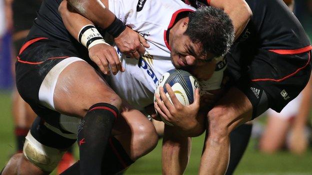 Nick Williams barges over to score Ulster's first try against Toulouse