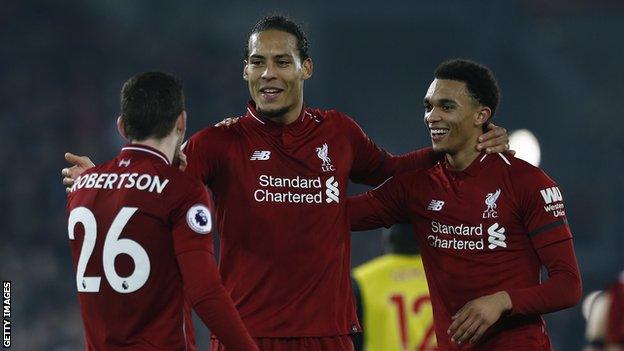 Andrew Robertson (left) and Trent Alexander-Arnold (right) celebrate with Virgil van Dijk