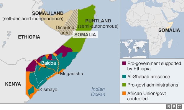 map showing who controls which parts of Somalia