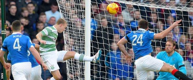 Leigh Griffiths heads Celtic into the lead against Rangers last year