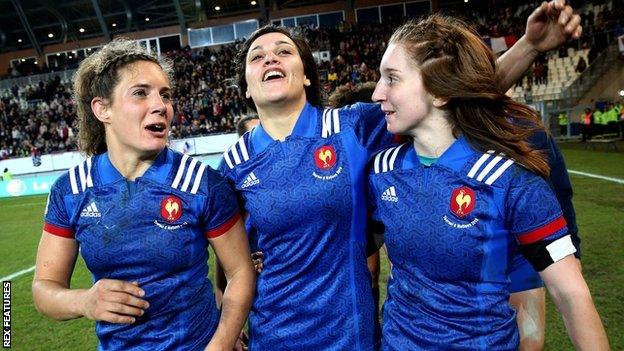 France's Marjorie Mayans, Caroline Boujard and Pauline Bourdon