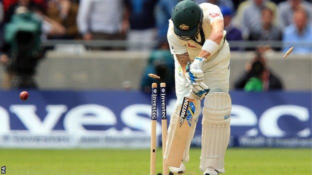 Michael Clarke is bowled at Edgbaston