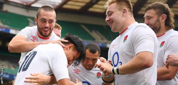 Marcus Smith congratulated by team-mates for his Lions call-up