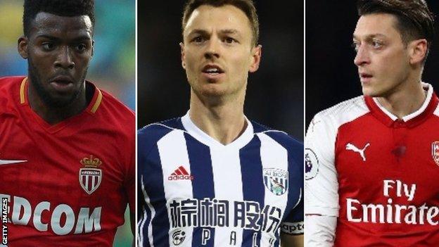 Thomas Lemar, Jonny Evans and Mesut Ozil