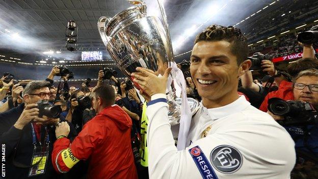 Cristiano Ronaldo holds the Champions League trophy after Real Madrid beat Juventus in the 2017 final