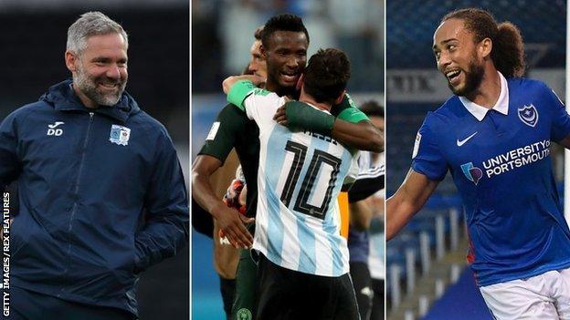 Split image of Barrow boss David Dunn, John Mikel Obi hugging Lionel Messi and Portsmouth's Marcus Harness