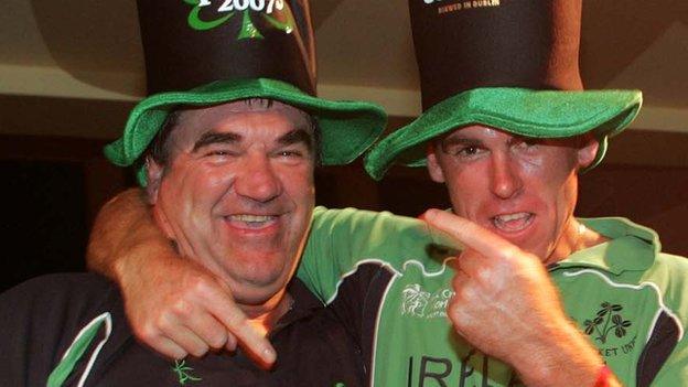 Roy Torrens (left) celebrates with then Ireland Trent Johnston after the country's shock World Cup victory over Pakistan in 2007