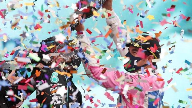 Lewis Hamilton and Sergio Perez on the podium