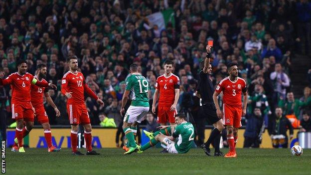 Wales defender Neil Taylor was sent off for his tackle on Republic of Ireland's Seamus Coleman