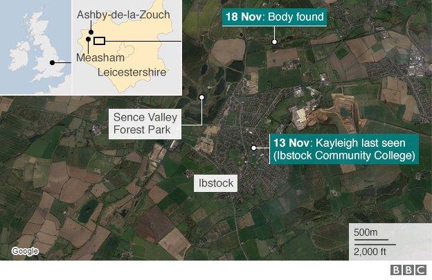 Map showing where Kayleigh Haywood was last seen, and where a body was found on Wednesday