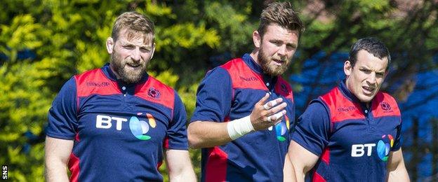 John Barclay, Ryan Wilson and John Hardie at Scotland training