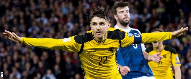 Fiodor Cernych scores for Lithuania against Scotland at Hampden