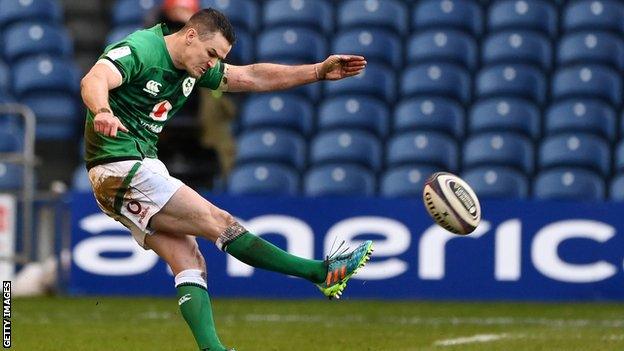 Johnny Sexton kicks the winning penalty at Murrayfield