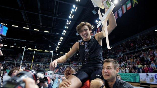 Sweden's Armand Duplantis reacts after his jump setting a world pole vault record of 6.17 metres at the Orlen Copernicus Cup 2020 World Athletics Indoor meeting in Torun, Poland