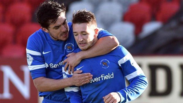 Liam Martin is congratulated after scoring Ballinamallard's first goal