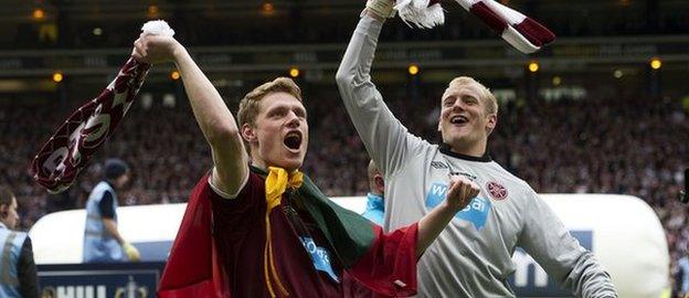 Marius Zaliukas and Mark Ridgers celebrate after battering Hibernian