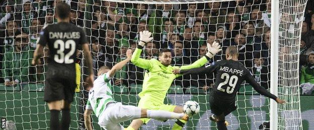 Kylian Mbappe scores for Paris St-Germain against Celtic