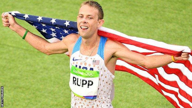 Galen Rupp celebrates winning bronze in the marathon at the 2016 Olympics