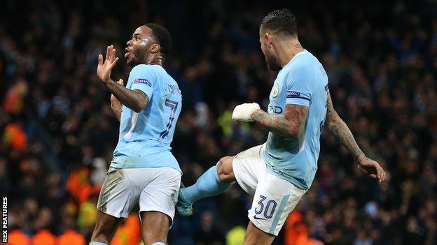 Raheem Sterling congratulated by Nicolas Otamendi