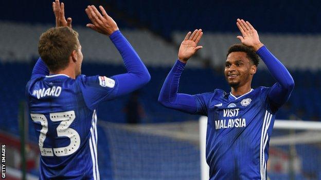 Danny Ward celebrates with Josh Murphy after scoring Cardiff's thrid goal against Hull