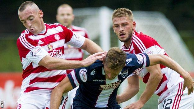 Gramoz Kurtaj (right) tackles Ross County's Erik Cikos