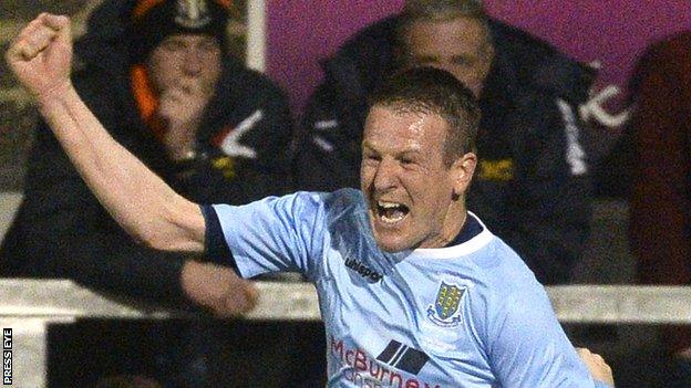 Allan Jenkins celebrates after scoring in Ballymena United's League Cup Final win over Carrick Rangers