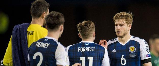 Scotland's Craig Gordon, Kieran Tierney, James Forrest and Stuart Armstrong celebrate